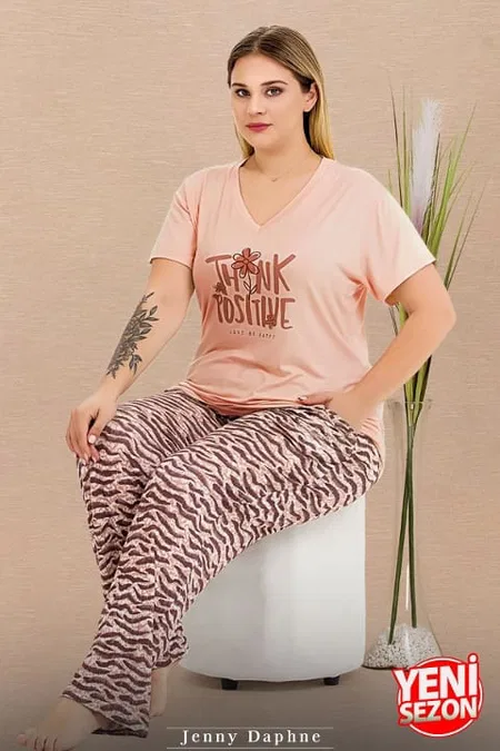 Desenli V Yaka Kısa Kollu Büyük Beden Pijama Takımı Lady 11003 - Somon