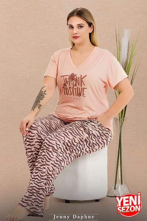 Lady Desenli V Yaka Kısa Kollu Büyük Beden Pijama Takımı Lady 11003 - Görsel 3