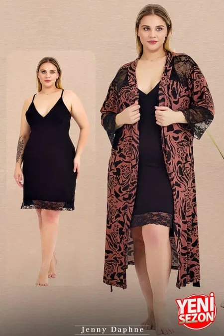 Desenli Viskon Kumaş Büyük Beden Gecelik Sabahlık Takımı Lady 19237