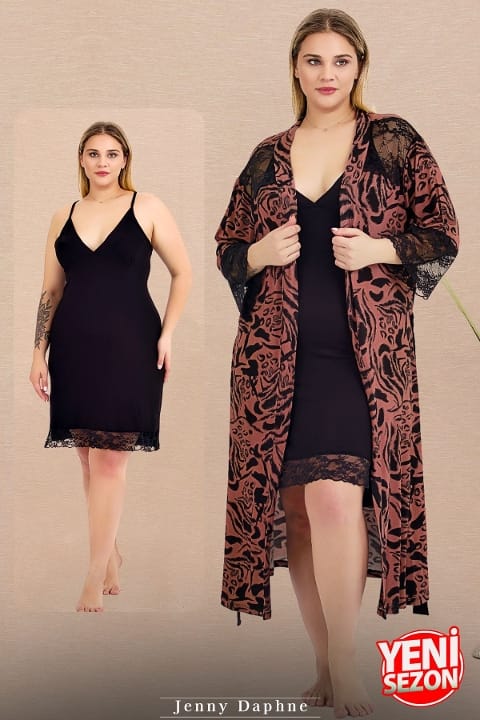 Desenli Viskon Kumaş Büyük Beden Gecelik Sabahlık Takımı Lady 19237 - Siyah