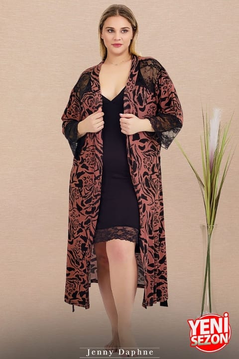 Desenli Viskon Kumaş Büyük Beden Gecelik Sabahlık Takımı Lady 19237 - Siyah
