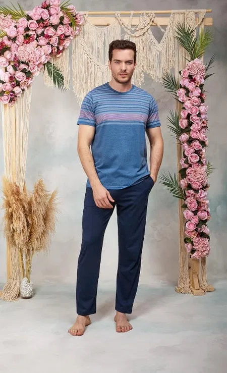 Lacivert Bisiklet Yaka Polyester Modal Erkek Pijama Takımı Doreanse 254562 - Mavi