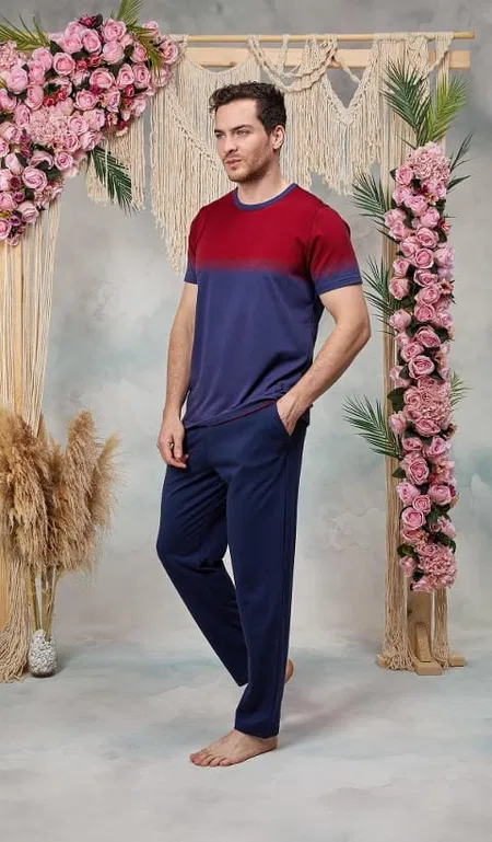 Lacivert Kırmızı Baskılı Bisiklet Yaka T-Shirt Pijama Takımı Doreanse 25Y4560 - Lacivert