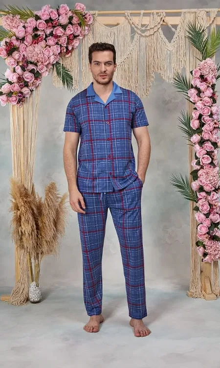 Mavi Kırmızı Ekose Desenli Erkek Pijama Takımı Doreanse 25Y4579 - Mavi