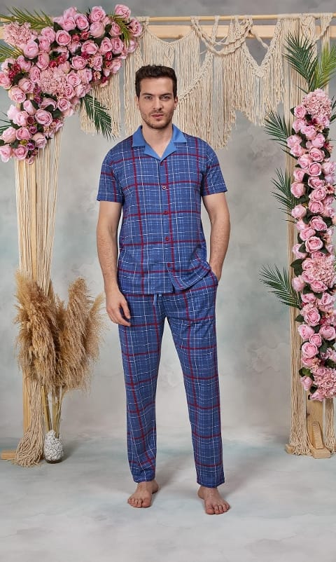 Mavi Kırmızı Ekose Desenli Erkek Pijama Takımı Doreanse 25Y4579 - Mavi