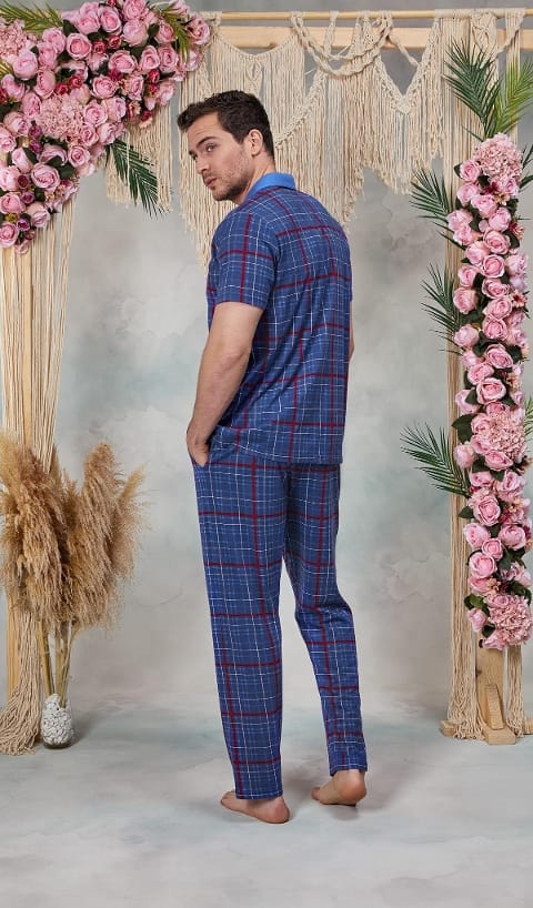 Mavi Kırmızı Ekose Desenli Erkek Pijama Takımı Doreanse 25Y4579 - Mavi