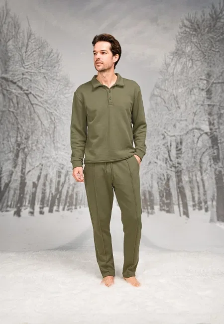 Düğmeli Cepli Uzun Kollu Erkek Pijama Takımı Doreanse 26K4592 - Yeşil