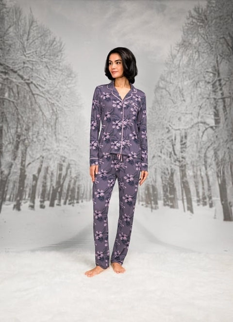 Çiçekli Pamuklu Kadın Pijama Takım Doreanse 26K4107 - Mor