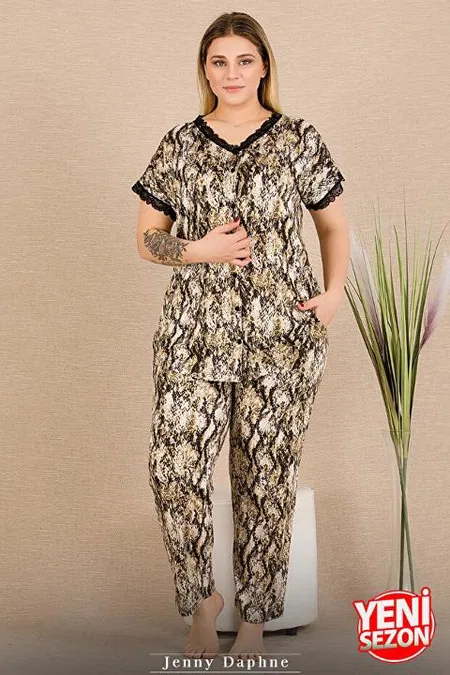 Düğmeli Kısa Kollu Dantelli Desenli Büyük Beden Kadın Pijama Takımı Lady 11032 - 2