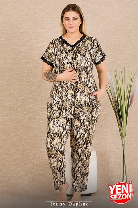 Düğmeli Kısa Kollu Dantelli Desenli Büyük Beden Kadın Pijama Takımı Lady 11032 - Yeşil