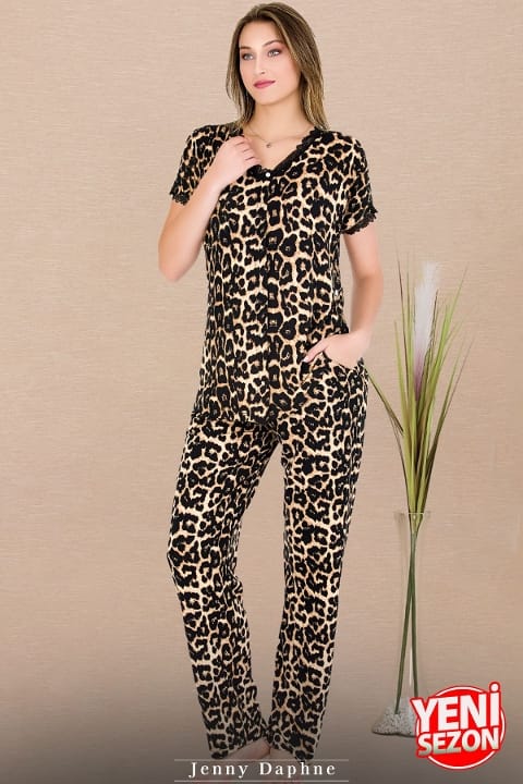 Düğmeli Leopar Desenli Kısa Kollu Pijama Takımı Lady 12482 - Siyah