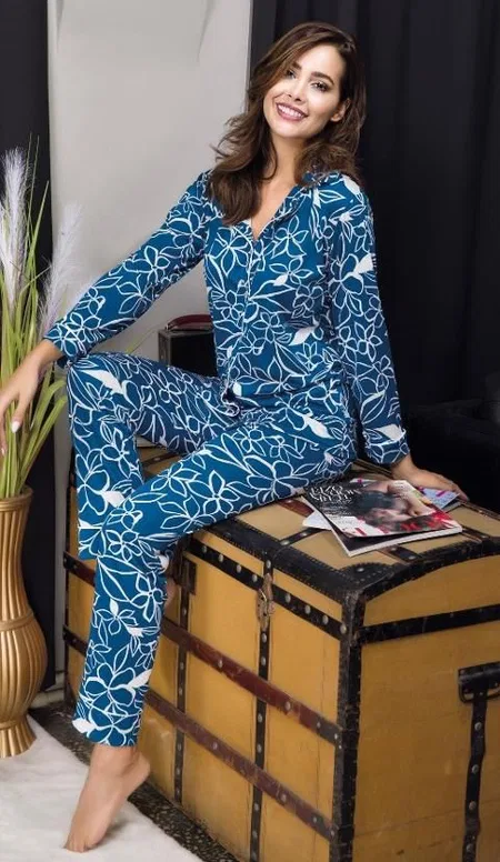 Mavi Desenli Düğmeli Kadın Pijama Takımı İzabel 4008