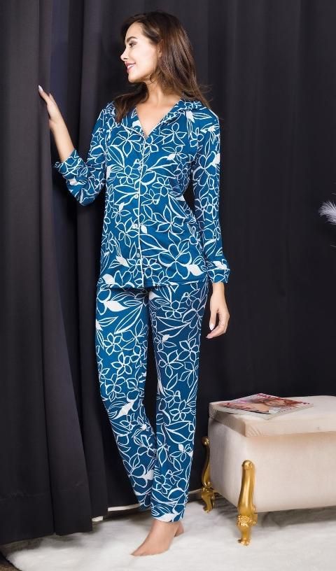 Mavi Desenli Düğmeli Kadın Pijama Takımı İzabel 4008 - 2