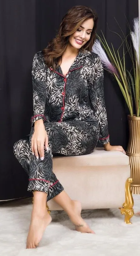 Düğmeli Siyah Desenli Kadın Pijama Takımı İzabel 4009