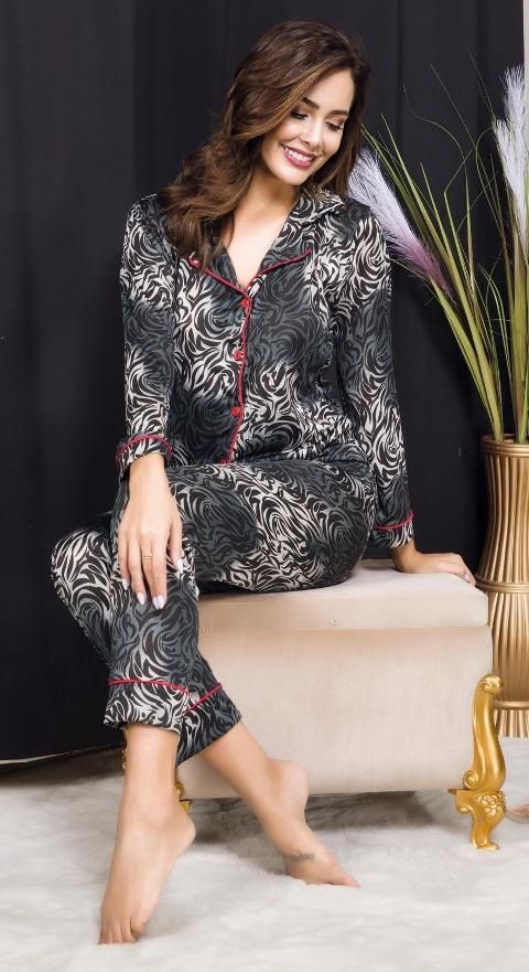 Düğmeli Siyah Desenli Kadın Pijama Takımı İzabel 4009