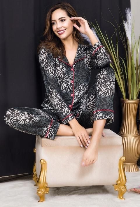 Düğmeli Siyah Desenli Kadın Pijama Takımı İzabel 4009 - 2