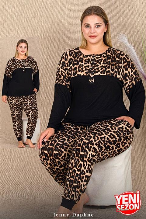 Düğmeli Leopar Desenli Uzun Kollu Pijama Takımı Lady 11424