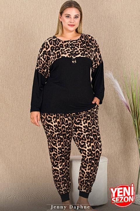 Düğmeli Leopar Desenli Uzun Kollu Pijama Takımı Lady 11424 - 2