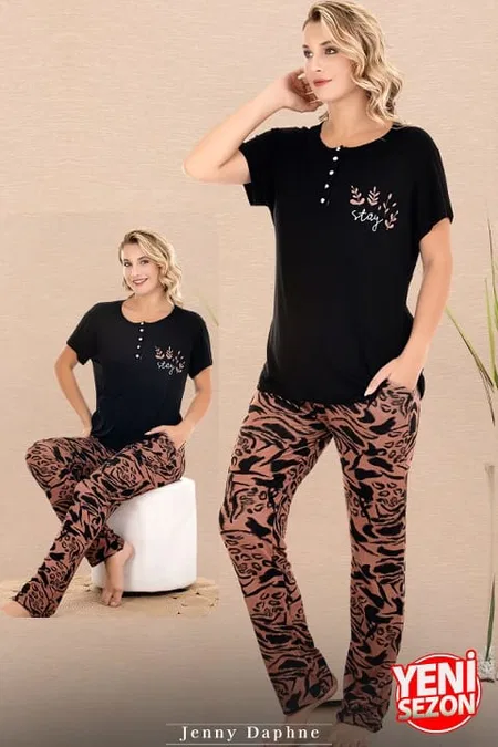 Düğmeli Yaka Desenli Kısa Kollu Kadın Pijama Takımı Lady 12671 - Siyah