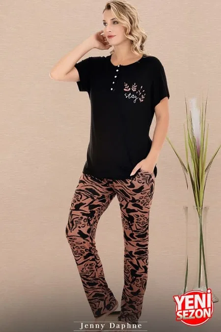 Düğmeli Yaka Desenli Kısa Kollu Kadın Pijama Takımı Lady 12671 - Siyah