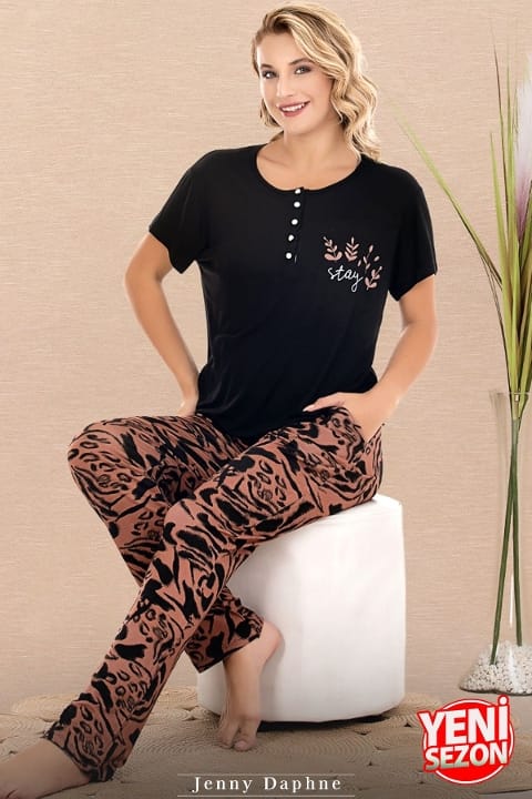 Düğmeli Yaka Desenli Kısa Kollu Kadın Pijama Takımı Lady 12671 - Siyah