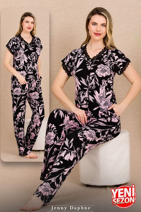 Lady Düğmeli Yaka Kollar Ve Yaka Dantelli Pijama Takımı Lady 12495