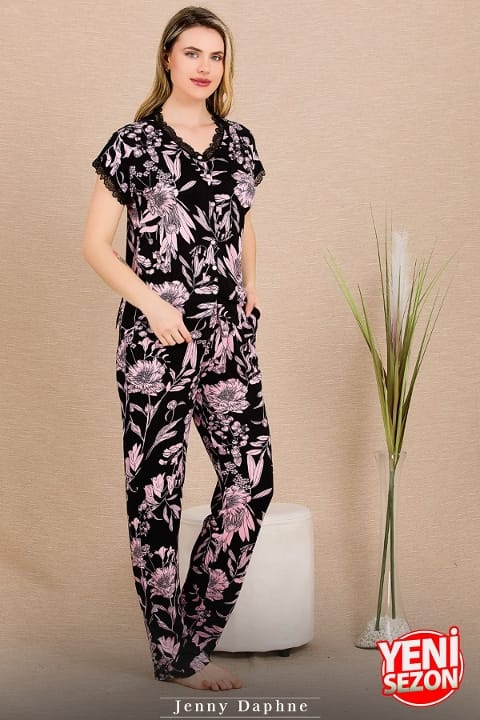 Düğmeli Yaka Kollar Ve Yaka Dantelli Pijama Takımı Lady 12495 - 2