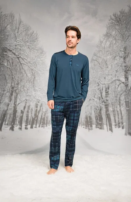 Ekoseli Cepli Yuvarlak Yaka Uzun Kollu Pijama Takımı Doreanse 26K4605 - Mavi