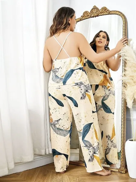 Ekru Desenli Saten Pantolon Pijama Takımı Büyük Beden Pink Night 6910 - 2