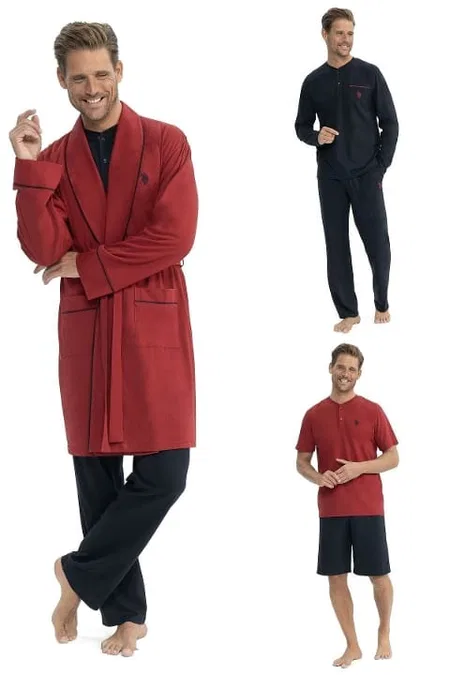 Bordo 5li Sabahlıklı Pijama Takım Us. POLO Assn. 12040 - Bordo