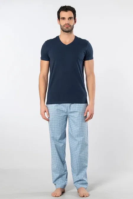 Pamuklu Kısa Kollu Kareli Pijama Takımı Cacharel 2238 - Mavi 2