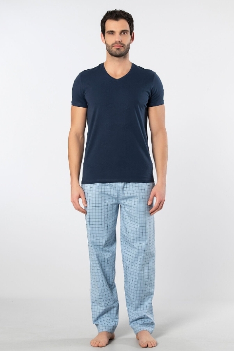 Pamuklu Kısa Kollu Kareli Pijama Takımı Cacharel 2238 - Mavi 2