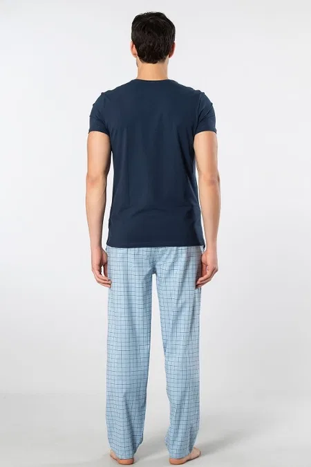 Pamuklu Kısa Kollu Kareli Pijama Takımı Cacharel 2238 - Mavi 2