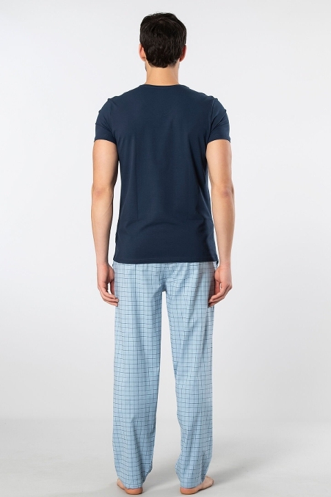 Pamuklu Kısa Kollu Kareli Pijama Takımı Cacharel 2238 - Mavi 2