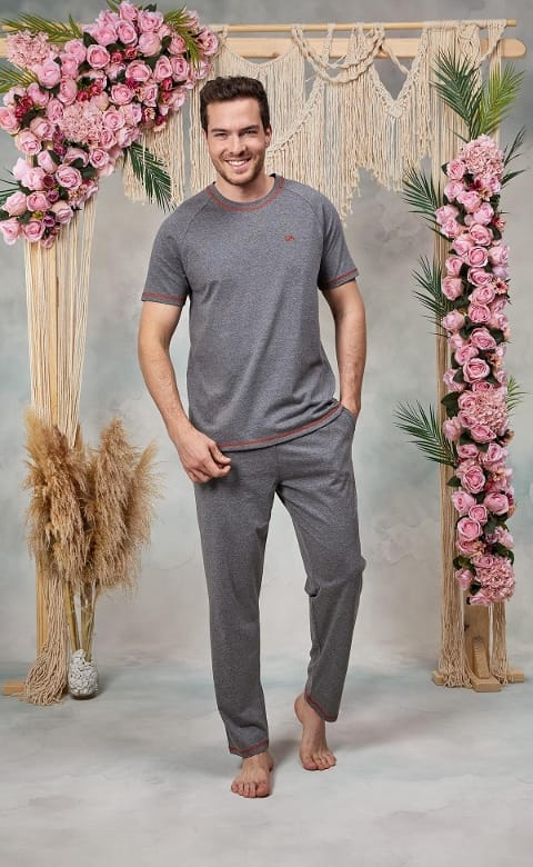 Pamuklu Gri Bisiklet Yaka T-Shirt Pijama Takımı Doreanse 25Y4566