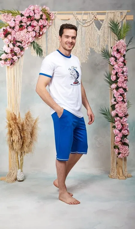 Modal Pamuklu Mavi Beyaz Baskılı Şort T-Shirt Pijama Takımı Doreanse 25Y4573 - Mavi