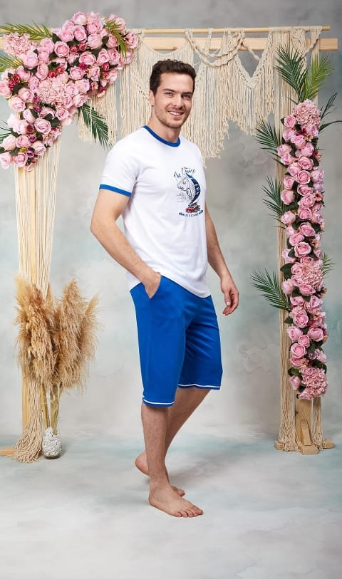 Modal Pamuklu Mavi Beyaz Baskılı Şort T-Shirt Pijama Takımı Doreanse 25Y4573 - Mavi