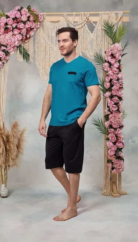 Mavi Siyah V Yaka Pamuk Modal Şort T-Shirt Pijama Takımı Doreanse 25Y4563 - Mavi