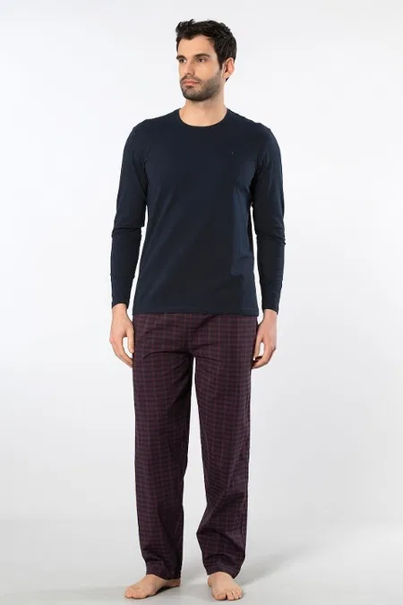 Ekoseli Poplin O Yaka Uzun Kollu Erkek Pijama Takımı Cacharel 2239 - Bordo 1