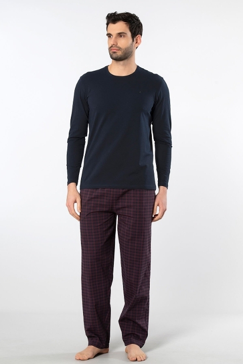 Ekoseli Poplin O Yaka Uzun Kollu Erkek Pijama Takımı Cacharel 2239 - Bordo 1