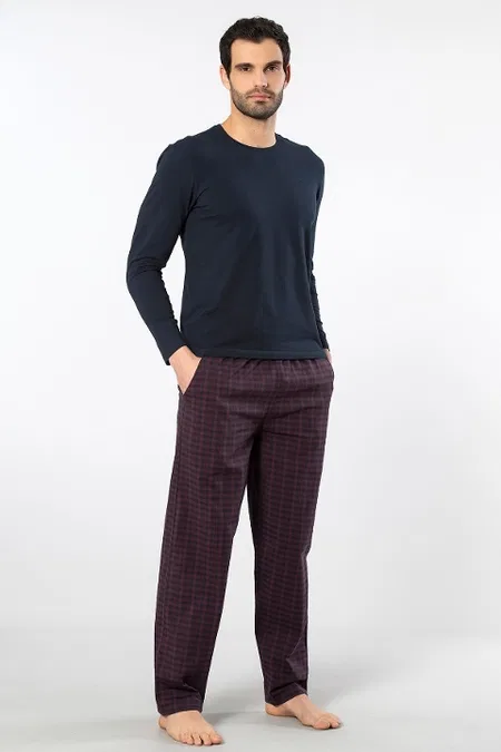 Ekoseli Poplin O Yaka Uzun Kollu Erkek Pijama Takımı Cacharel 2239 - Bordo 1