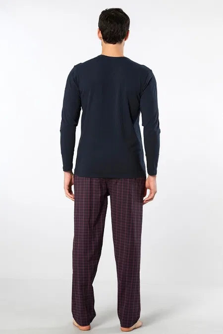 Ekoseli Poplin O Yaka Uzun Kollu Erkek Pijama Takımı Cacharel 2239 - Bordo 1
