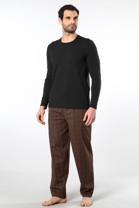 Pamuklu Uzun Kollu Yapısal Erkek Pijama Takımı Cacharel 2239 - Kahve 1