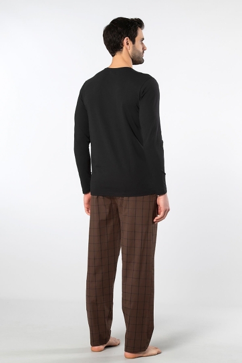 Pamuklu Uzun Kollu Yapısal Erkek Pijama Takımı Cacharel 2239 - Kahve 1