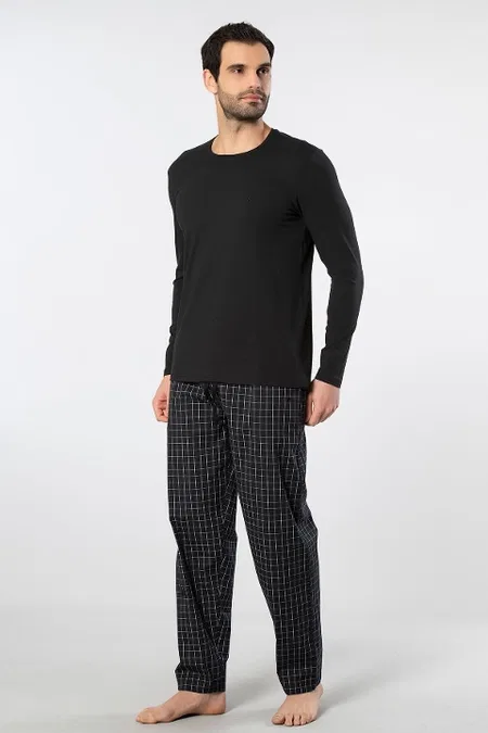 Ekoseli Uzun Kollu Pamuklu Erkek Pijama Takımı Cacharel 2239 - Siyah 2