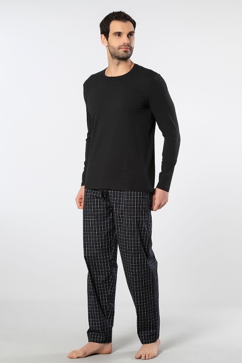 Ekoseli Uzun Kollu Pamuklu Erkek Pijama Takımı Cacharel 2239 - Siyah 2