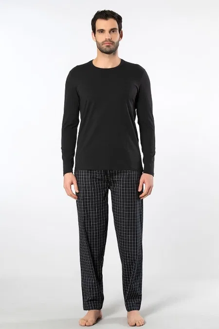 Ekoseli Uzun Kollu Pamuklu Erkek Pijama Takımı Cacharel 2239 - Siyah 2