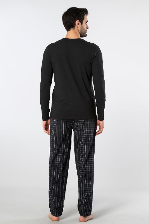 Ekoseli Uzun Kollu Pamuklu Erkek Pijama Takımı Cacharel 2239 - Siyah 2