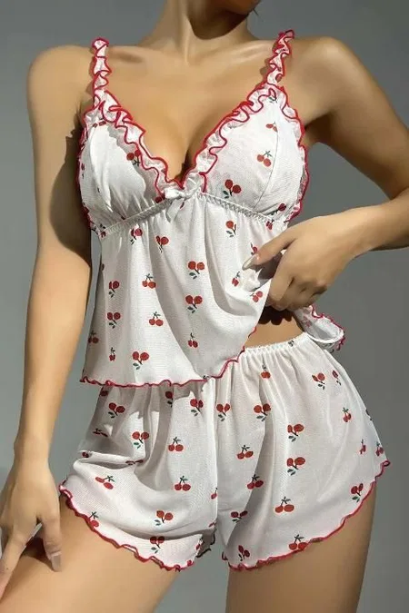 Fırfır Askılı Kiraz Desenli Kısa Şortlu Pijama Takımı Ruselin 5101