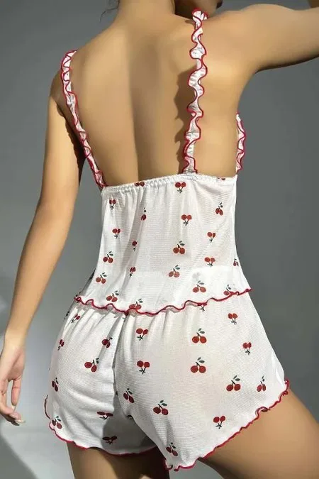 Fırfır Askılı Kiraz Desenli Kısa Şortlu Pijama Takımı Ruselin 5101 - 2
